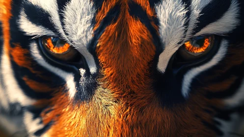 Ember-eyed tiger gaze blazing through molten twilight fur.