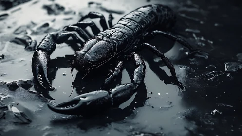 Black scorpion crawls across reflective wet surface