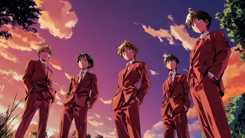 Sunset suit brigade under ember-tinted anime sky.