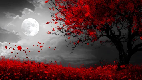 High-contrast red tree landscape under luminous full moon sky