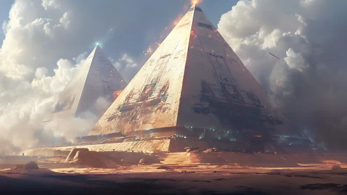 Colossal stormlit pyramids ignite a mythic desert skyline.