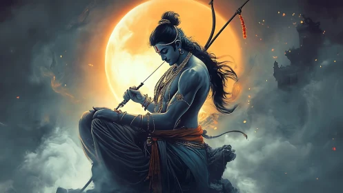 Moonlit warrior deity kneels in meditative, stormlit silence