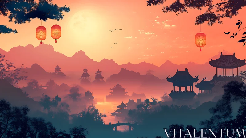 Lantern-lit valley temples glowing under a peach sunrise.