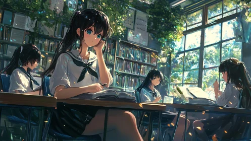 Anime students study in sunlit library with dynamic lighting effects