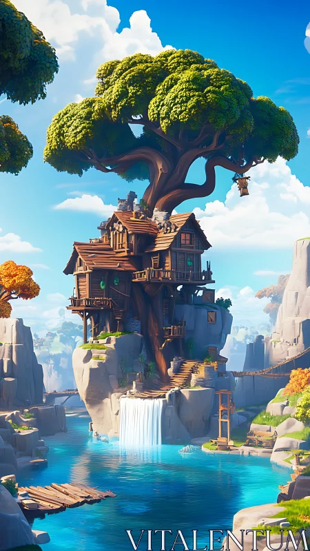 Treehouse Sanctuary: Architectural Fantasy Above Waterfall.