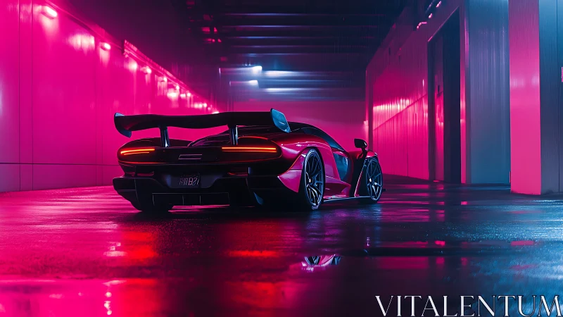 Sleek supercar glowing in neon pink and blue night light.