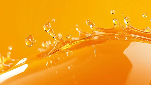 Orange liquid splash closeup with bright reflective droplets.
