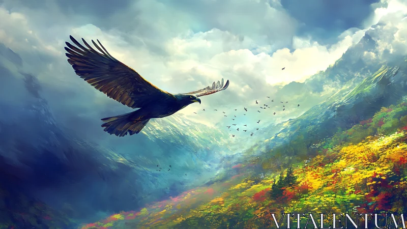 Majestic Eagle Soaring Over Vibrant Mountain Valley, Digital Art.