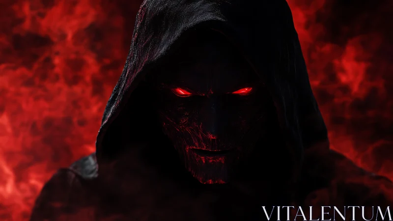 Hooded skeletal figure with glowing red eyes in smoke.