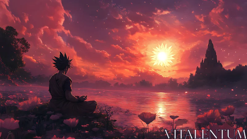 Meditative warrior at spectral lotus lake under radiant sun.