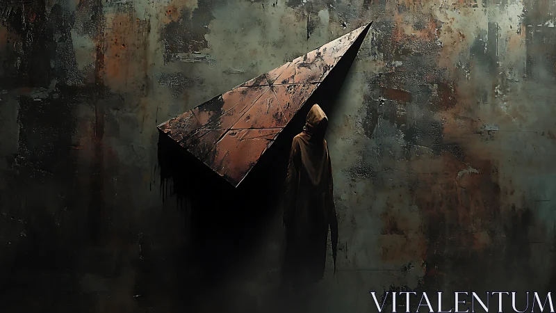 Hooded wanderer beneath a rusted wing of shadowed metal.