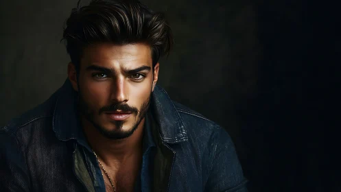 Storm-eyed stranger in denim shadow, gaze sharpened by dusk.