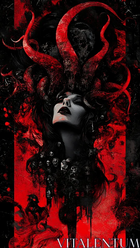 Occult feminine portrait entwined with red demonic tentacles