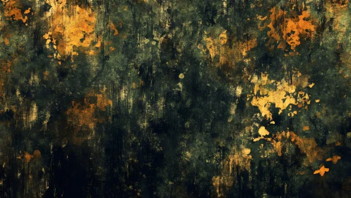 Abstract grunge texture with dark green and gold splatters.