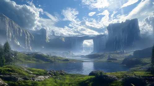 Panoramic alien valley with plateau arches and misted lake