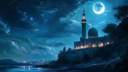Moonlit mosque fortress crowns luminous coastal skyline.