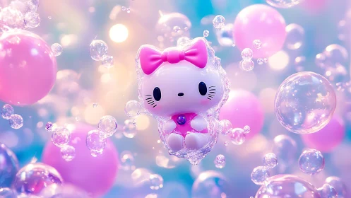 Hello Kitty style figure among pink balloons and bubbles.