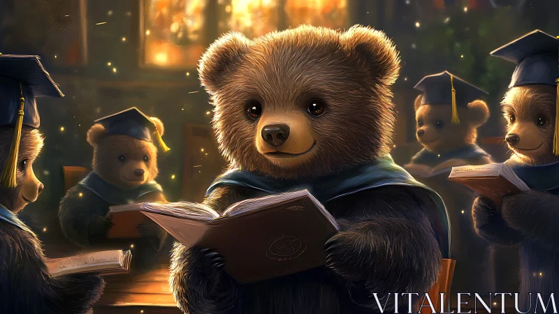 Group of teddy bear graduates reading books in warm light