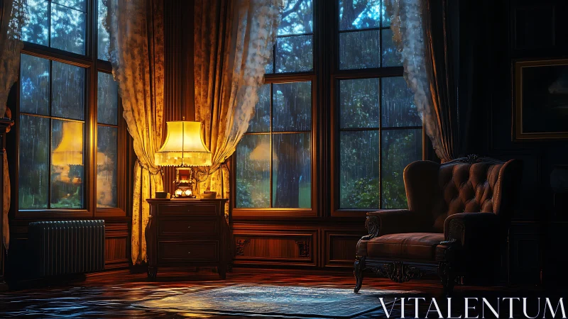 Rainlit study corner with vintage armchair and lamp.