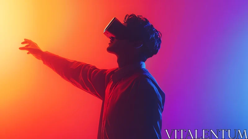 Man Experiencing Virtual Reality in Vibrant Neon Lighting Style.