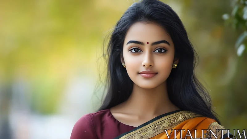 Portrait of Young Woman in Traditional Saree, Soft Natural Light.