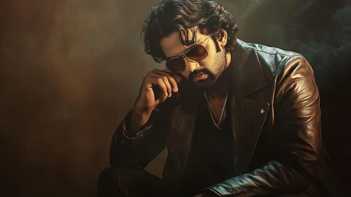 Cinematic male portrait in leather jacket under moody rim lighting