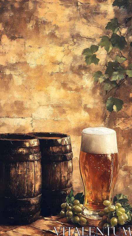 Rustic beer glass, wooden barrels and grapes on table.