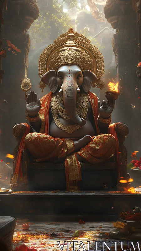 Majestic Ganesha idol glows in a serene temple sanctuary