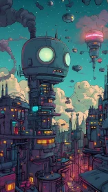 Robot-headed tower in dense futuristic neon cityscape.