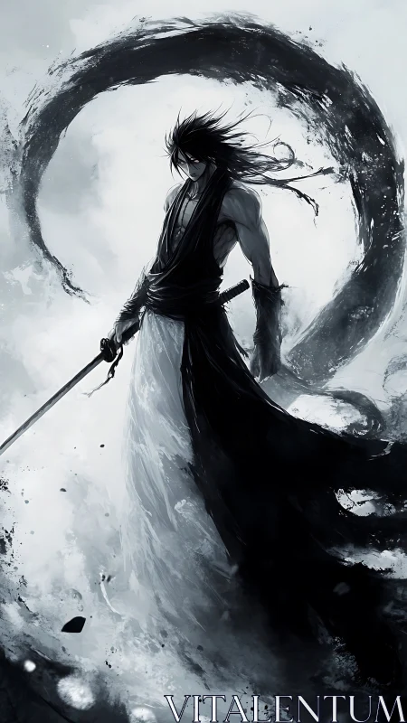 Monochrome warrior holds sword amid circular ink vortex