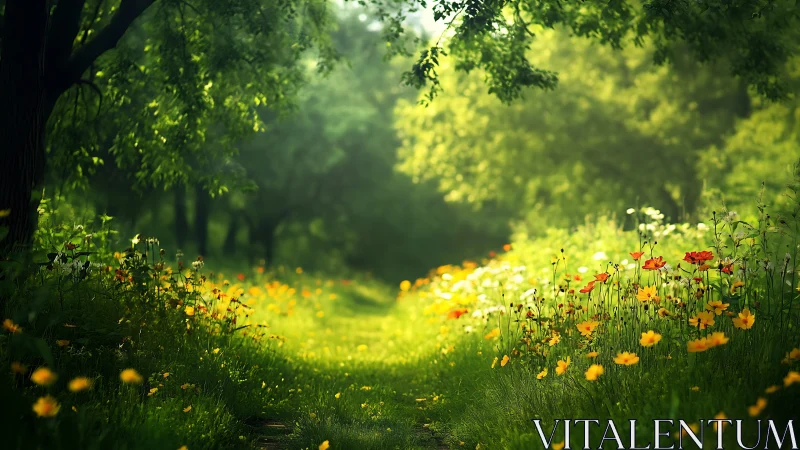 Sunlit forest path bordered by wildflowers in bloom.