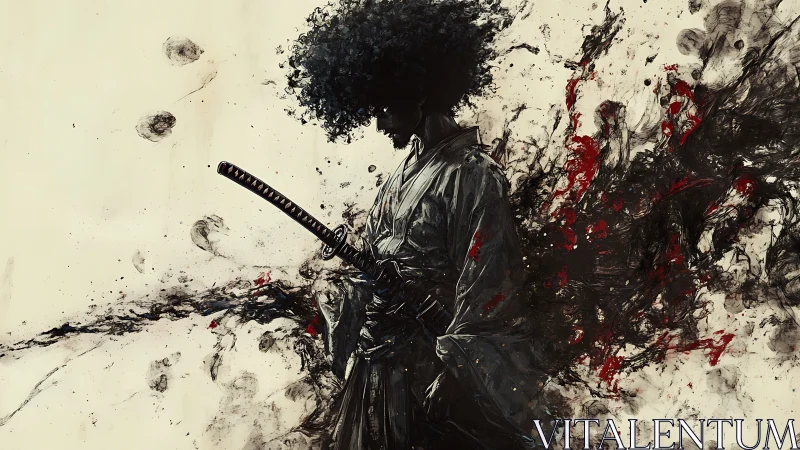 Afro samurai silhouette cleaves through ink and blood storm.