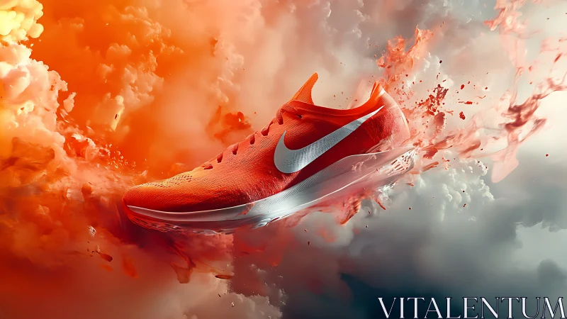 Orange running shoe floats amid dynamic smoke and splashes