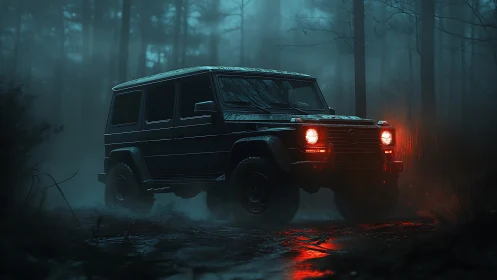 Off-road SUV cuts through misty forest with crimson lights.