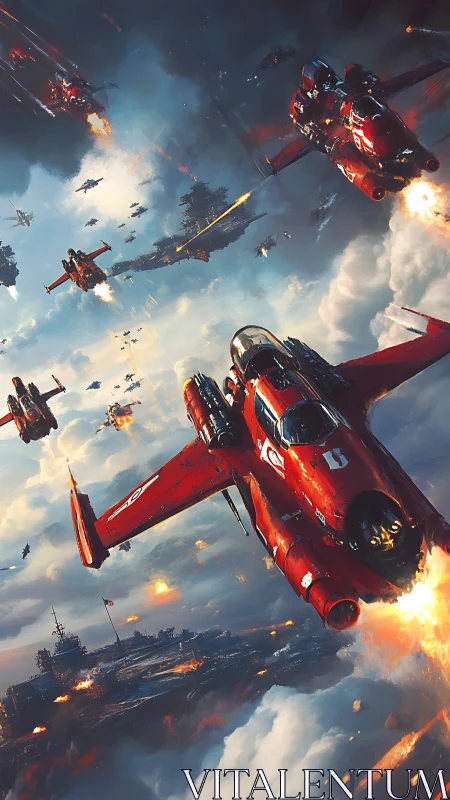 Scarlet strike fighters diving over storm-lit carrier warzone.