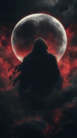 Hooded specter silhouette aligned against a blood-red lunar disc