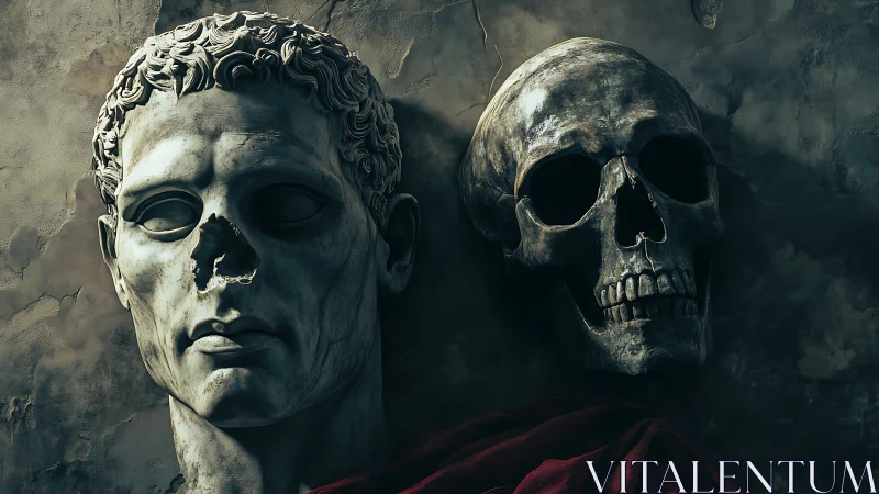 Roman marble bust and skull lie in shadowed memento mori contrast