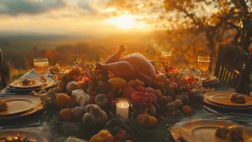 Golden hour harvest feast table with roasted turkey centerpiece.