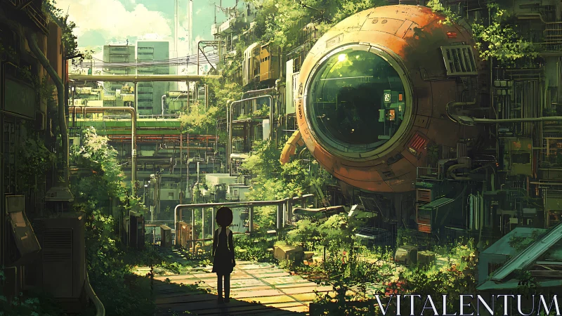 Curious child exploring a lush overgrown sci fi cityscape.