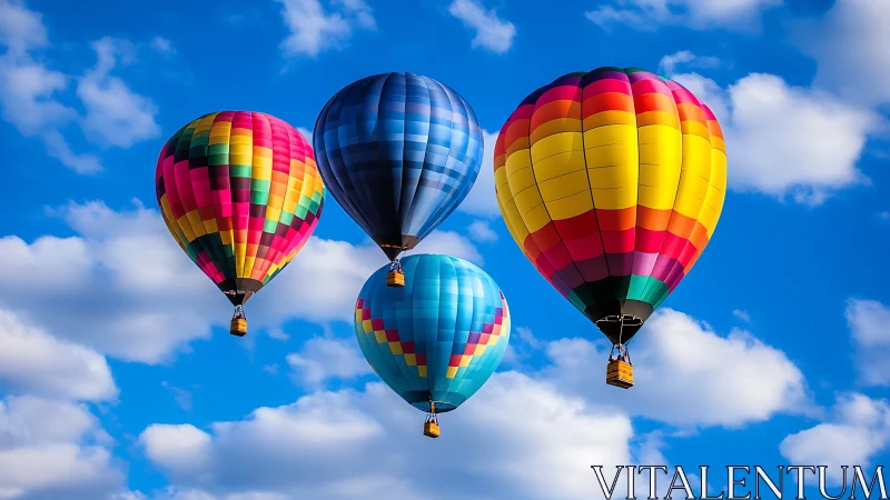 Colorful hot air balloons drift across a vivid blue sky.