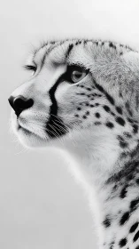 Monochrome cheetah portrait with serene, focused gaze.