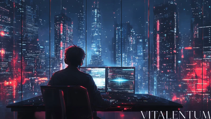 Lone hacker surveils neon skyline from glass-walled tower.