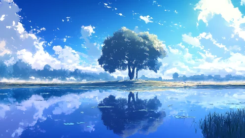 Solitary lakeside tree mirrors against a vast blue sky.