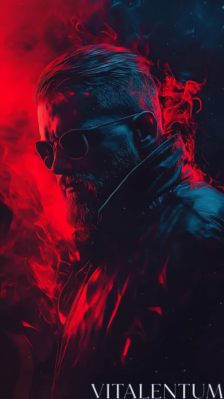 Moody neon portrait of man in sunglasses and leather coat.