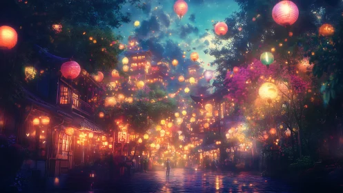 Lantern filled night street in vibrant fantasy townscape.