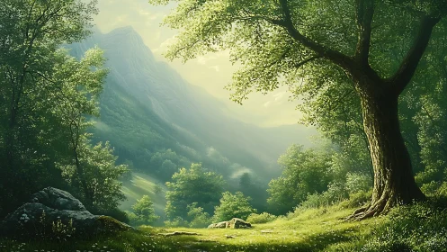 Alpine Valley Vista with Verdant Deciduous Canopy and Distant Peak