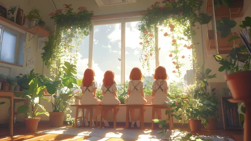 Four red-haired girls sit in sunlit indoor garden studio