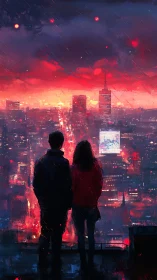 Silhouetted couple stands on rooftop above rainy neon city