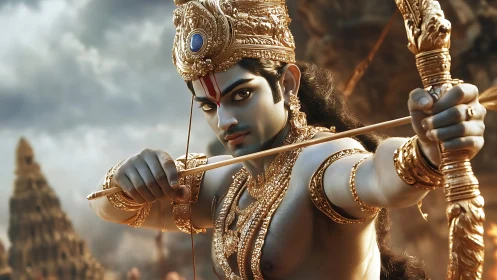 Digital depiction shows mythological archer drawing golden bow