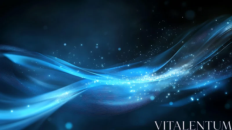 Abstract blue energy waves with glowing light particles, digital art.